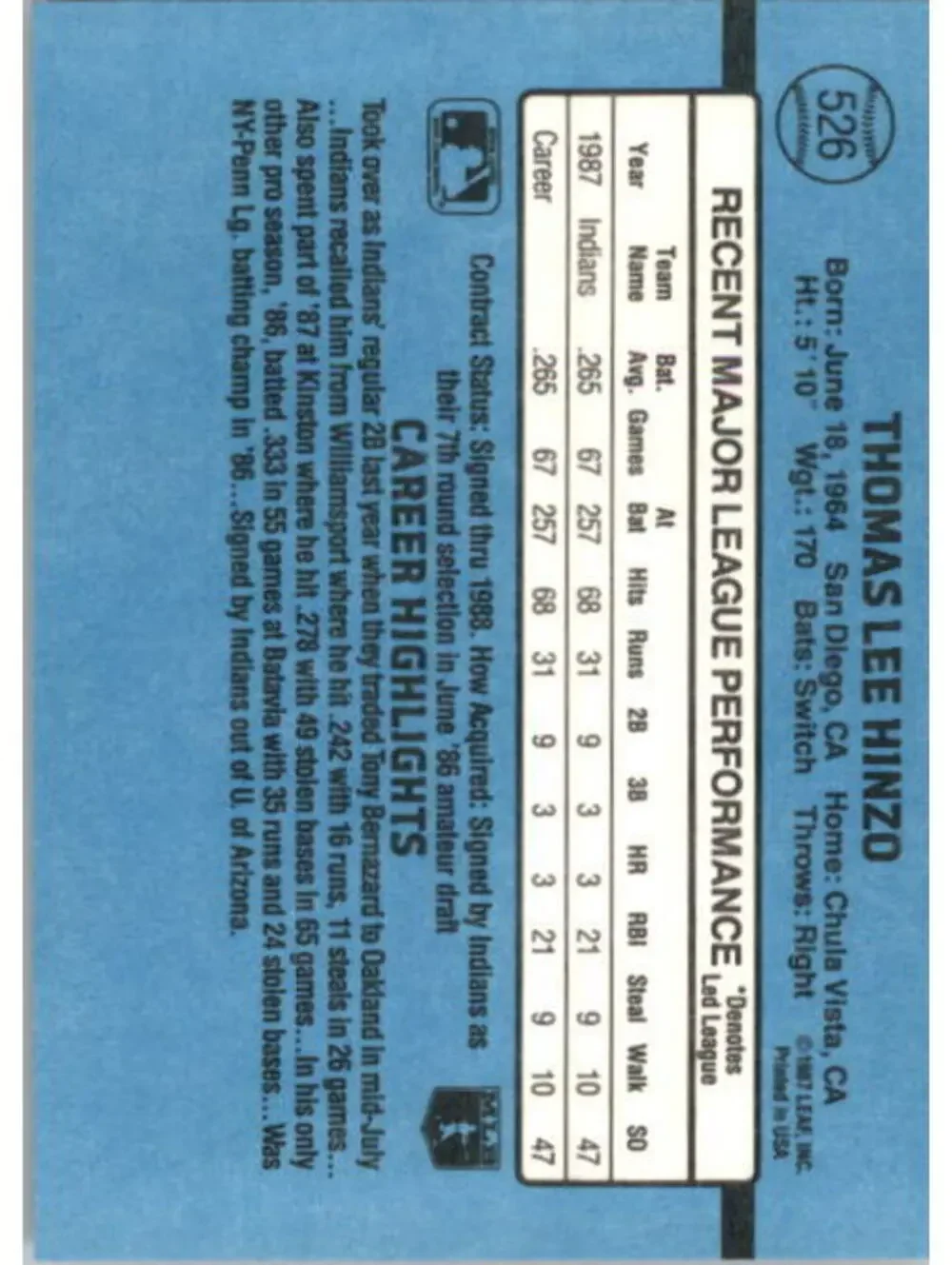 1988 Tommy Hinzo Donruss Baseball Card #526